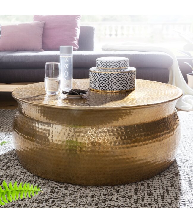 Wohnling salontafel KARAM 75x31x75 cm aluminium gouden bijzettafel oosterse rond | Plat gehamerd koffietafeltje metaal Design salontafel modern | Tafel klein Indiaas stub tafel klein