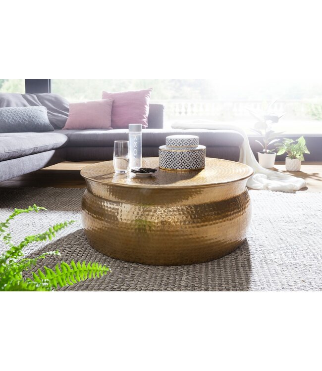 Wohnling salontafel KARAM 75x31x75 cm aluminium gouden bijzettafel oosterse rond | Plat gehamerd koffietafeltje metaal Design salontafel modern | Tafel klein Indiaas stub tafel klein