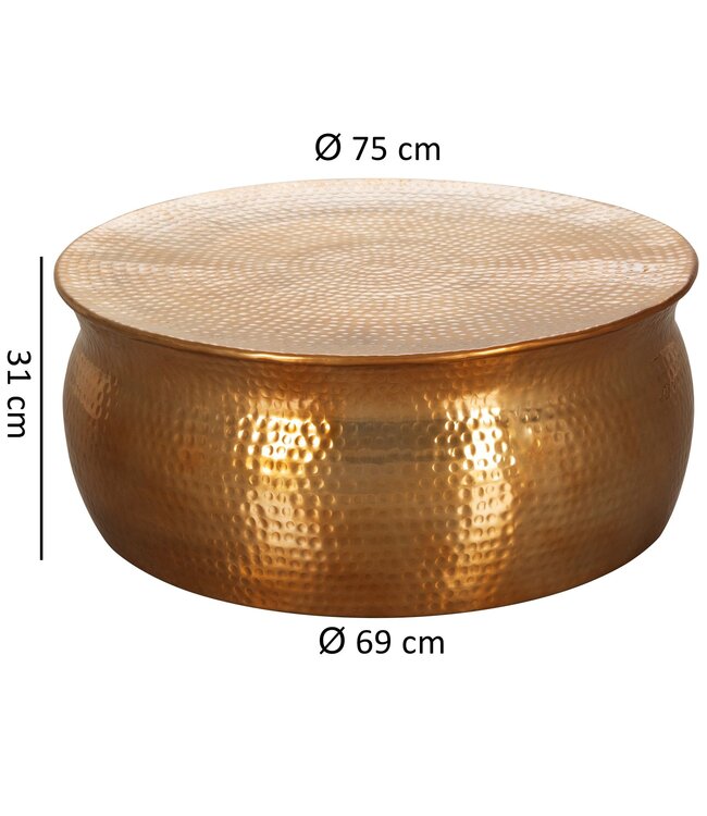 Wohnling salontafel KARAM 75x31x75 cm aluminium gouden bijzettafel oosterse rond | Plat gehamerd koffietafeltje metaal Design salontafel modern | Tafel klein Indiaas stub tafel klein