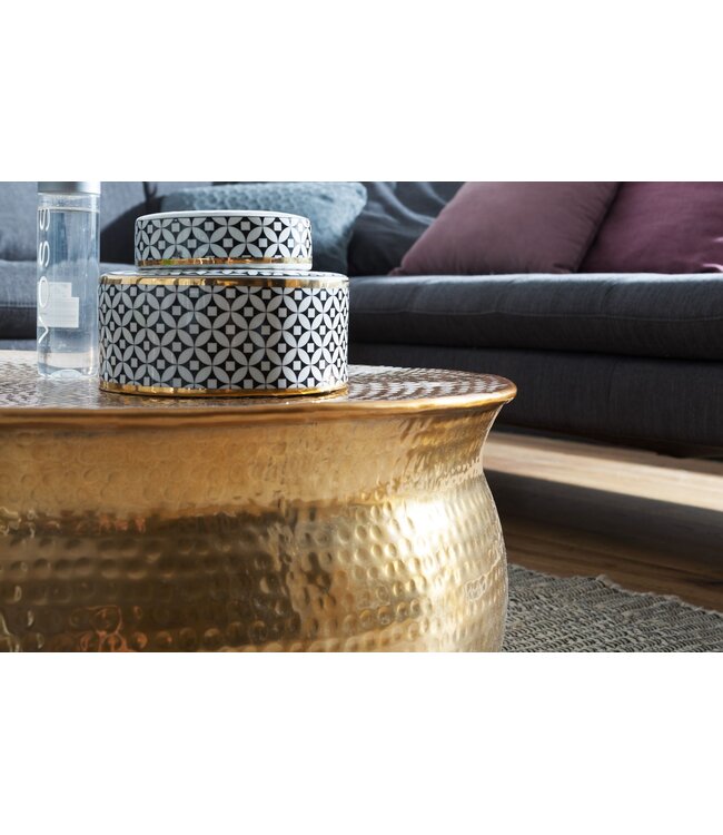 Wohnling salontafel KARAM 75x31x75 cm aluminium gouden bijzettafel oosterse rond | Plat gehamerd koffietafeltje metaal Design salontafel modern | Tafel klein Indiaas stub tafel klein