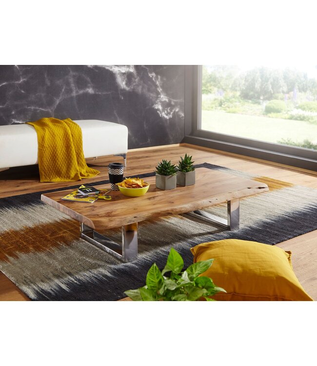 Wohnling salontafel ASURA 115 x 25 x 58 cm Acacia massief hout metalen frame groot | Boomstam Woonkamertafel Massief hout Bruin | Boomstam salontafel Landhuis houten tafel | Tafel Woonkamertafel