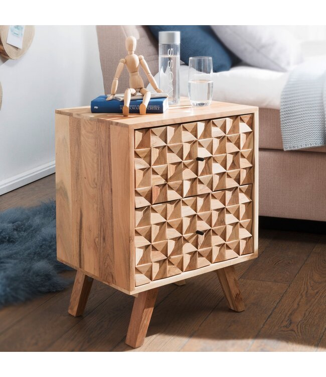 Wohnling Nachtkastje REWA 44x61x35cm Acacia Massief Hout Nachtkast Hoog, Landelijke Nachtkast Boxspringbed, Nachttafel Lades, Nachtkastje Houten Nachtkast, Bijzettafel Massief