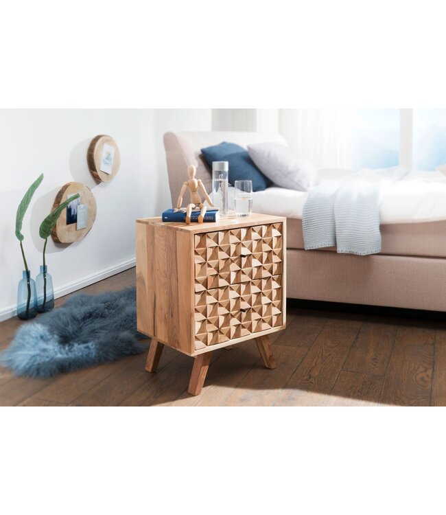 Wohnling Nachtkastje REWA 44x61x35cm Acacia Massief Hout Nachtkast Hoog, Landelijke Nachtkast Boxspringbed, Nachttafel Lades, Nachtkastje Houten Nachtkast, Bijzettafel Massief