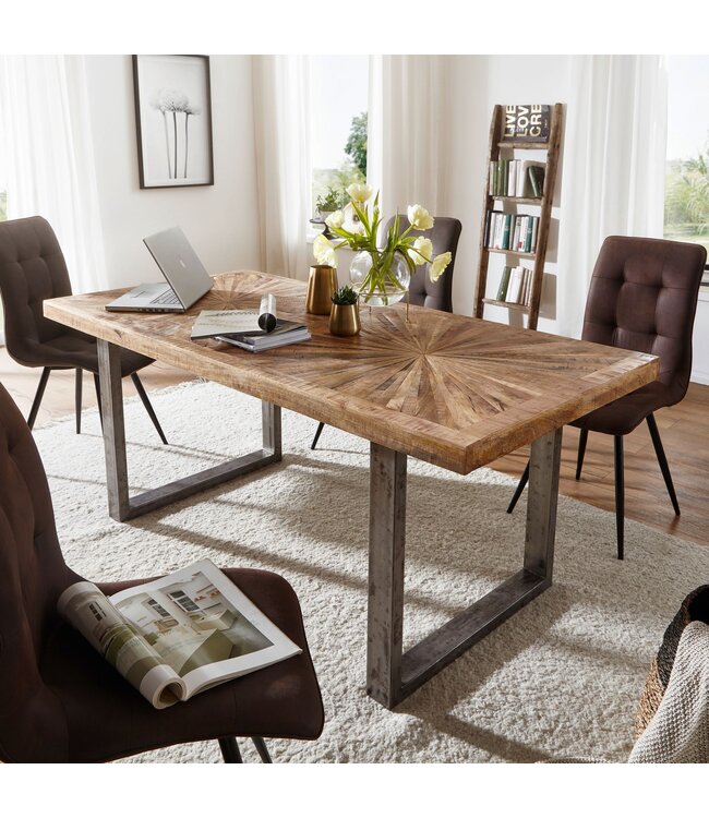 Wohnling eettafel mango massief houten eetkamertafel 200x76,5x100 cm | Keukentafel loft natuur | Massief houten tafel met metalen frame | Industriële tafel
