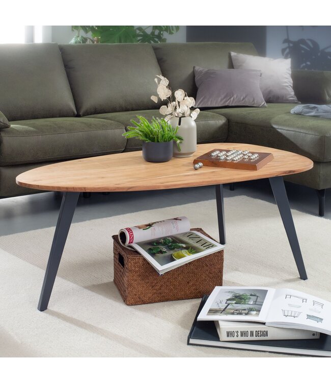 Wohnling salontafel acacia massief hout 110 x 45 x 60 cm salontafel niervorm | Salontafel Moderne houten tafel | Tafel woonkamer hout / metaal