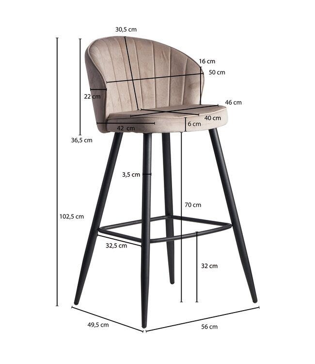 Wohnling barkruk fluweel beige kruk met rugleuning 56x102.5x52.5 cm | Keukenkruk Scandinavische stof / metaal 110 kg | Design barkruk | Bistrokruk gestoffeerd