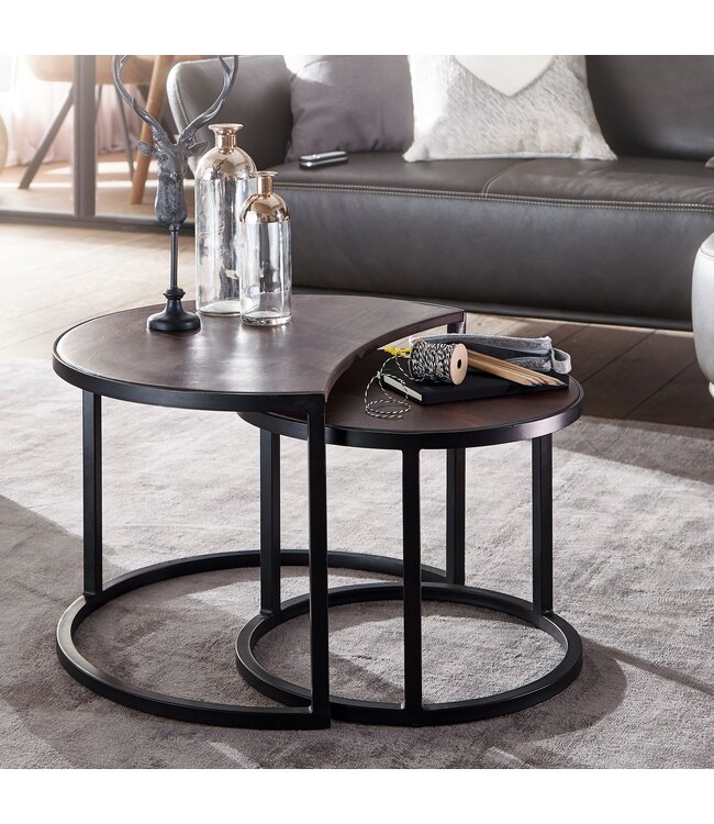 Wohnling salontafel set van 2 Mango massief houten / metalen salontafel rond | Industriële bijzettafel met metalen poten zwart | 2-delige placemat bijzettafel van hout