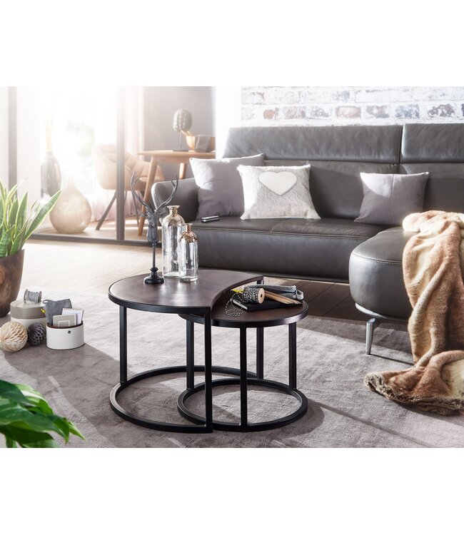 Wohnling salontafel set van 2 Mango massief houten / metalen salontafel rond | Industriële bijzettafel met metalen poten zwart | 2-delige placemat bijzettafel van hout