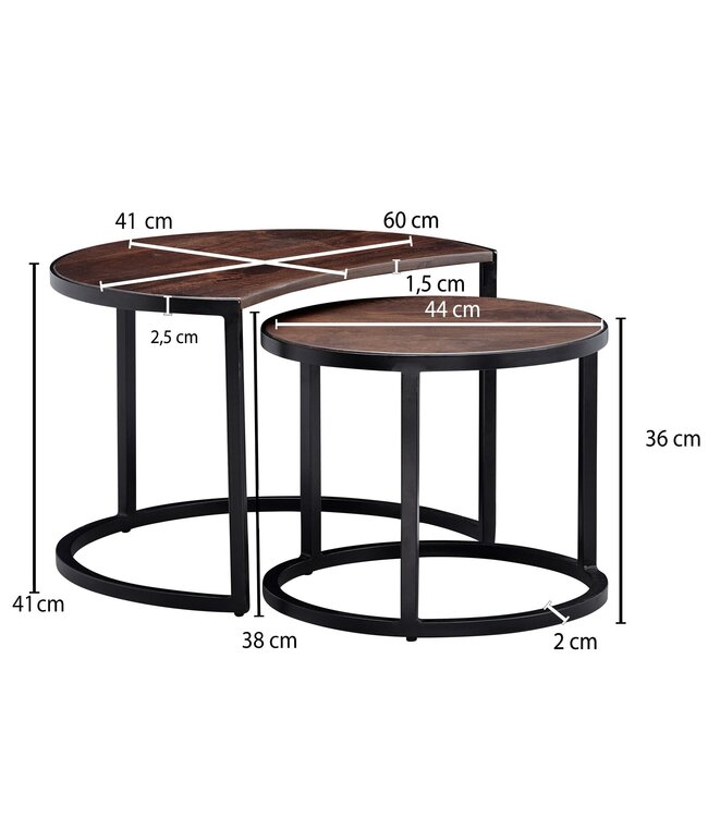 Wohnling salontafel set van 2 Mango massief houten / metalen salontafel rond | Industriële bijzettafel met metalen poten zwart | 2-delige placemat bijzettafel van hout