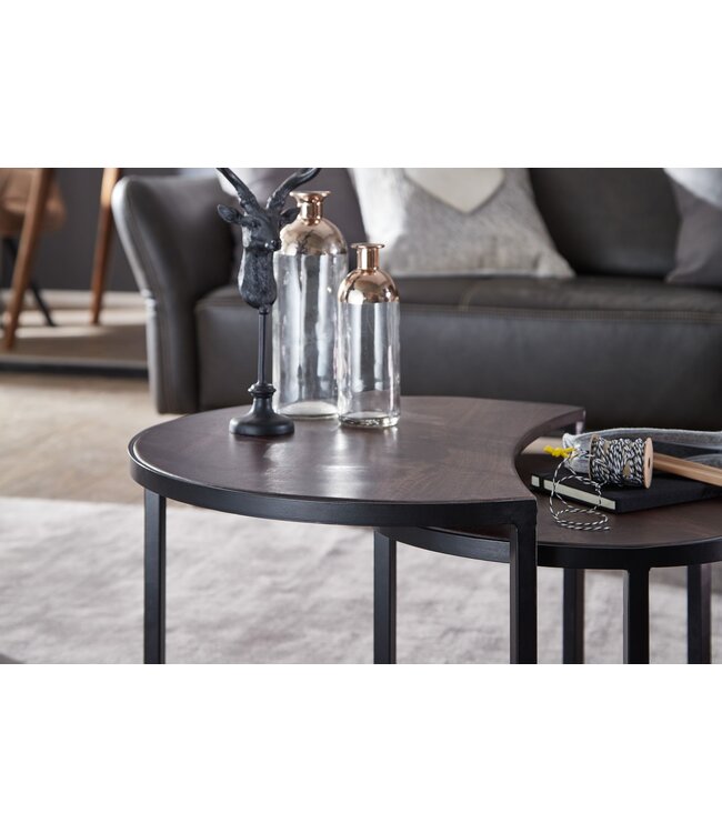 Wohnling salontafel set van 2 Mango massief houten / metalen salontafel rond | Industriële bijzettafel met metalen poten zwart | 2-delige placemat bijzettafel van hout