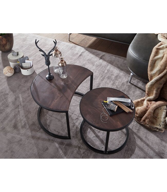 Wohnling salontafel set van 2 Mango massief houten / metalen salontafel rond | Industriële bijzettafel met metalen poten zwart | 2-delige placemat bijzettafel van hout