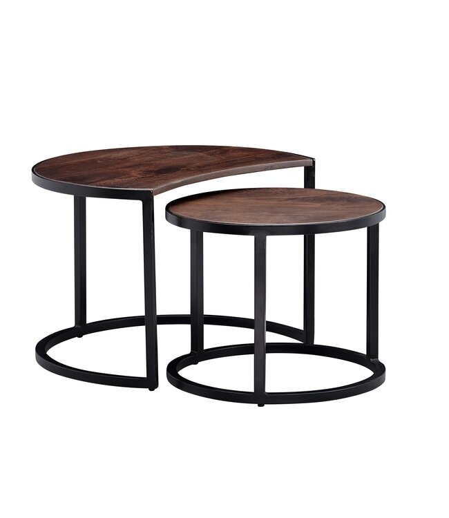 Wohnling salontafel set van 2 Mango massief houten / metalen salontafel rond | Industriële bijzettafel met metalen poten zwart | 2-delige placemat bijzettafel van hout