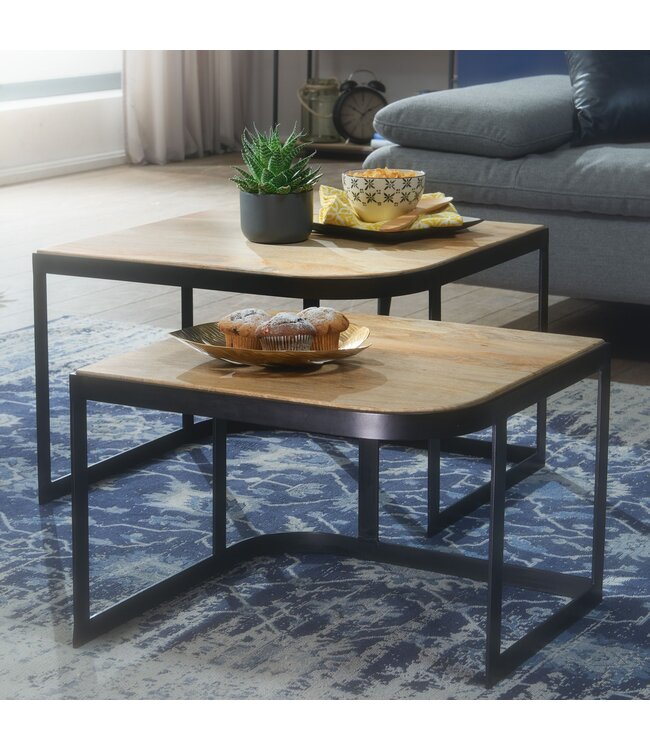 Wohnling salontafel set van 2 Mango massief houten / metalen salontafellamp | Industriële bijzettafel bijzettafel metalen poten zwart | 2-delige placemat bijzettafel van hout