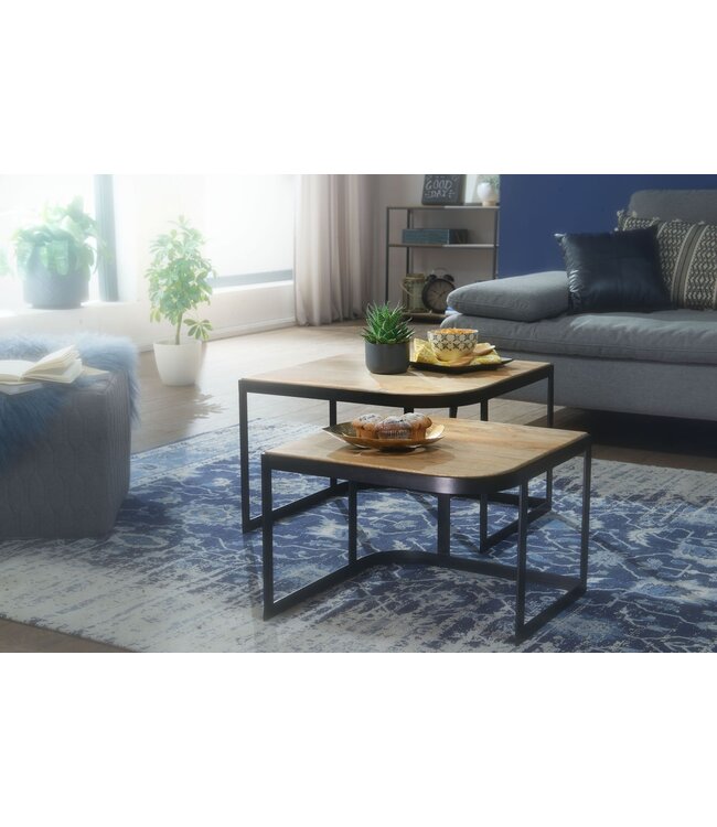 Wohnling salontafel set van 2 Mango massief houten / metalen salontafellamp | Industriële bijzettafel bijzettafel metalen poten zwart | 2-delige placemat bijzettafel van hout