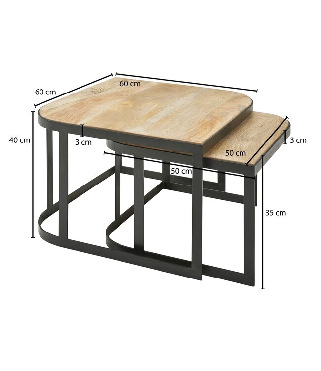 Wohnling salontafel set van 2 Mango massief houten / metalen salontafellamp | Industriële bijzettafel bijzettafel metalen poten zwart | 2-delige placemat bijzettafel van hout