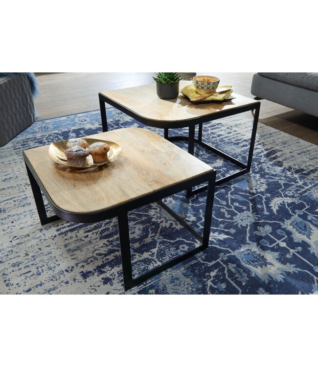 Wohnling salontafel set van 2 Mango massief houten / metalen salontafellamp | Industriële bijzettafel bijzettafel metalen poten zwart | 2-delige placemat bijzettafel van hout