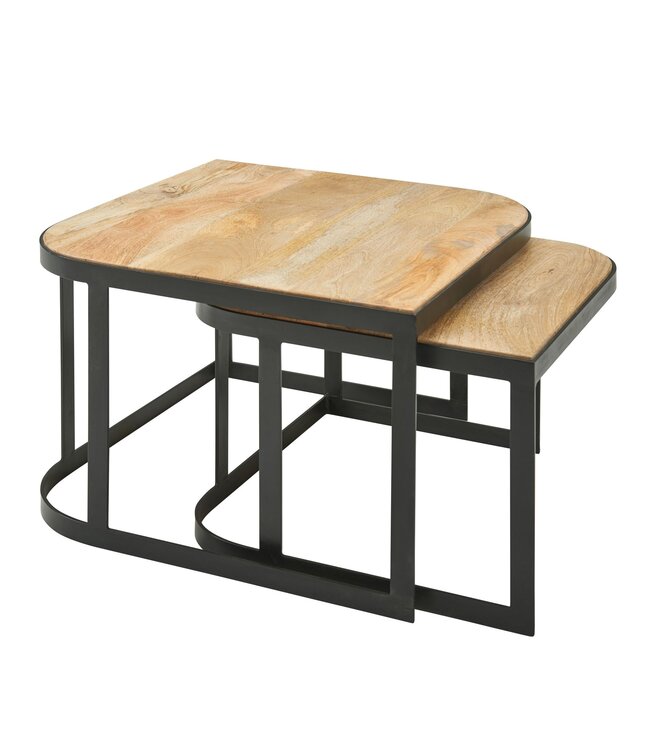 Wohnling salontafel set van 2 Mango massief houten / metalen salontafellamp | Industriële bijzettafel bijzettafel metalen poten zwart | 2-delige placemat bijzettafel van hout