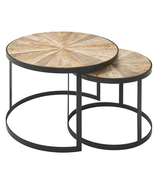 Wohnling design salontafel set van 2 mango massief houten bijzettafels rond | Salontafel met metalen poten bruin | Placemat 2-delige nesttafel hout / metaal zwart