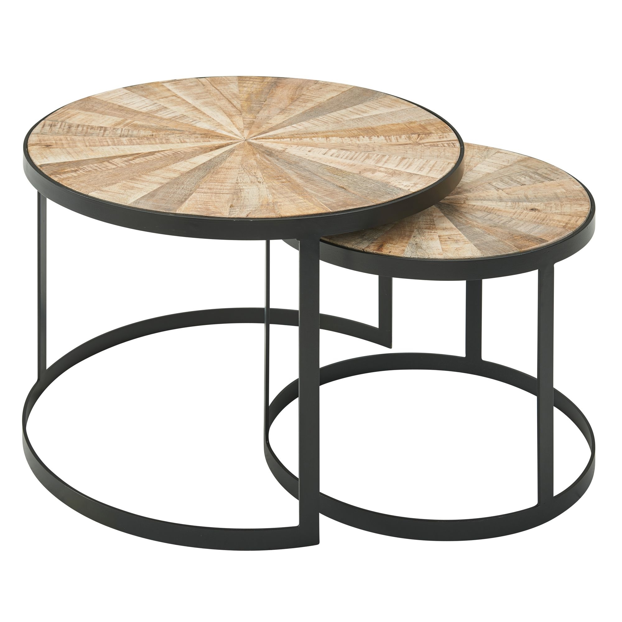 design salontafel set van 2 mango massief houten bijzettafels rond | Salontafel met metalen poten bruin | Placemat 2-delige nesttafel hout / metaal zwart