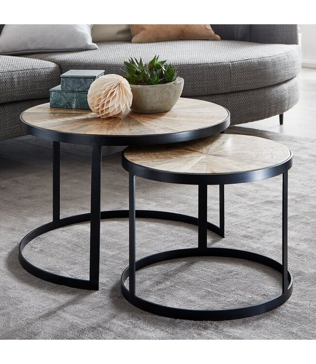 Wohnling design salontafel set van 2 mango massief houten bijzettafels rond | Salontafel met metalen poten bruin | Placemat 2-delige nesttafel hout / metaal zwart
