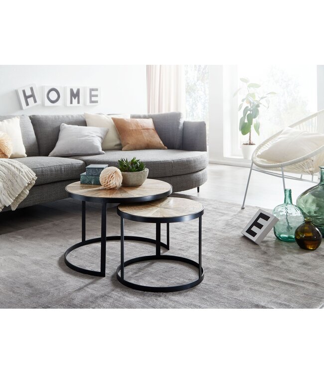 Wohnling design salontafel set van 2 mango massief houten bijzettafels rond | Salontafel met metalen poten bruin | Placemat 2-delige nesttafel hout / metaal zwart