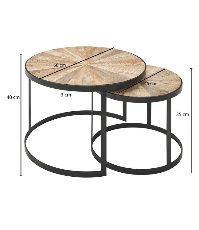 Wohnling design salontafel set van 2 mango massief houten bijzettafels rond | Salontafel met metalen poten bruin | Placemat 2-delige nesttafel hout / metaal zwart
