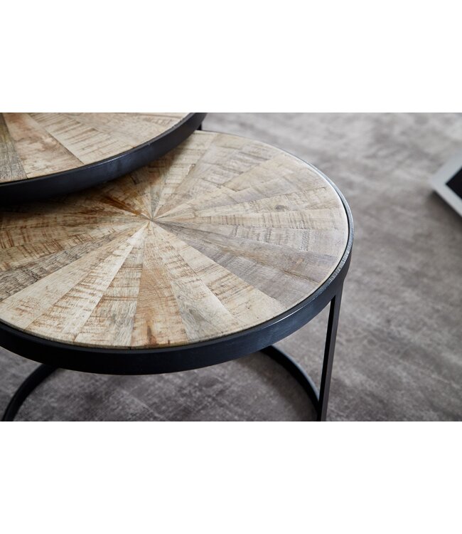 Wohnling design salontafel set van 2 mango massief houten bijzettafels rond | Salontafel met metalen poten bruin | Placemat 2-delige nesttafel hout / metaal zwart