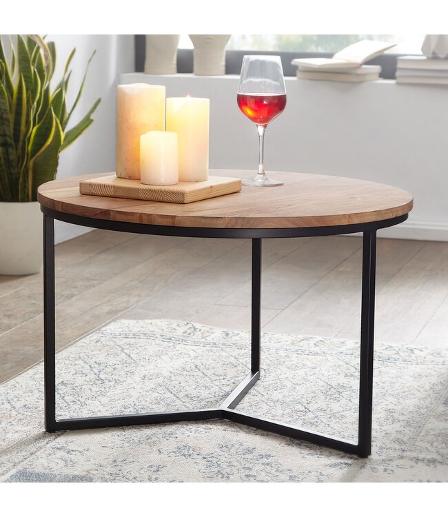 Wohnling salontafel 60x60x38 cm acacia massief hout / metalen design salontafel rond | Salontafel massief salontafel | Kleine tafel woonkamer