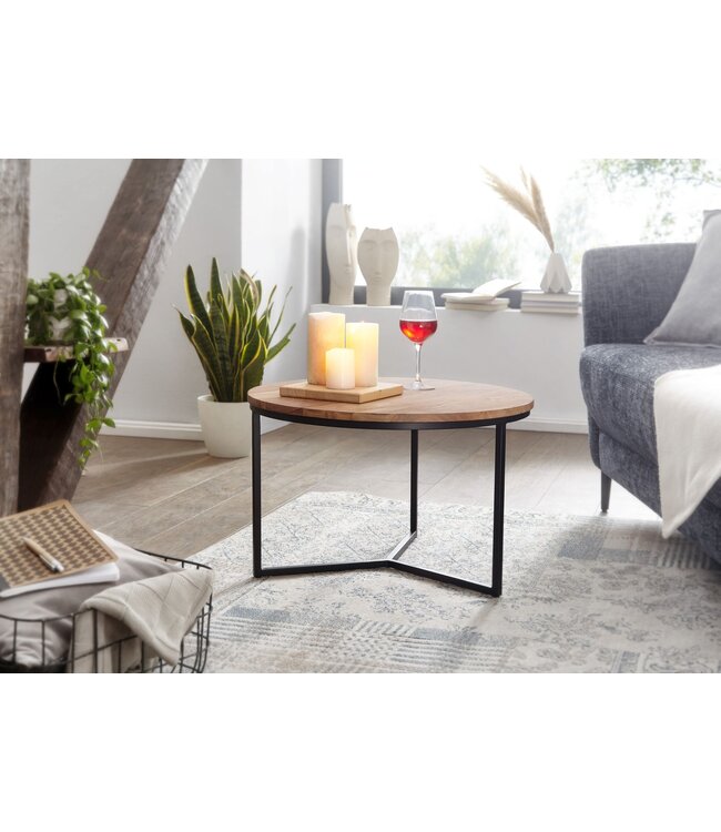 Wohnling salontafel 60x60x38 cm acacia massief hout / metalen design salontafel rond | Salontafel massief salontafel | Kleine tafel woonkamer
