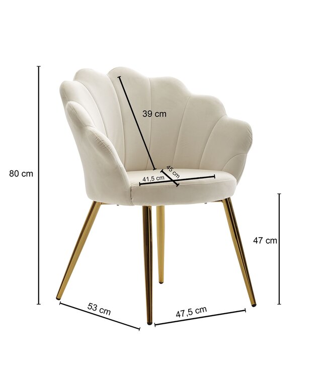 Wohnling eetkamerstoel tulip velvet wit gestoffeerd | Keukenstoel met goudkleurige poten | Shell stoel Scandinavisch design | Gestoffeerde stoel met stoffen bekleding
