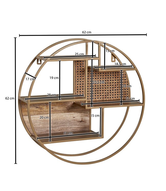 Wohnling rotan 62x62x17 cm hangplank massief hout / metaal industrieel | Hangplank rond wand | Plank hangende open woonkamer