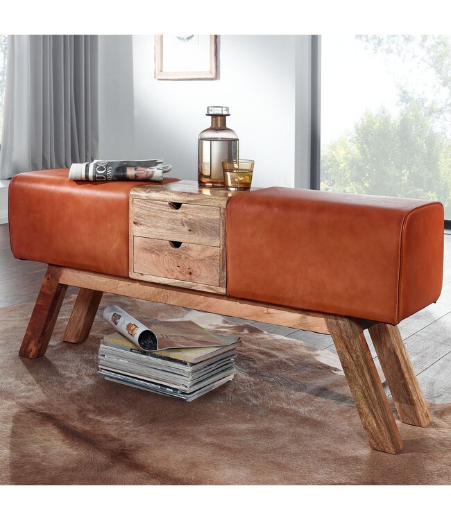 Wohnling Design Turnbock bank bruin met lades 120x56x30 cm | Gymkrukbank van echt leer met opbergruimte | Kruk garderobebank kruk Springbok turnbank