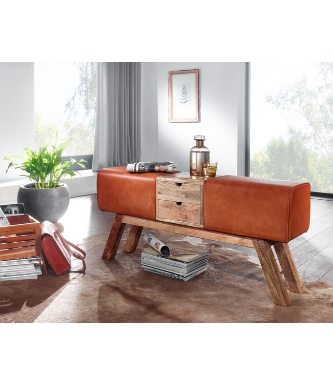 Wohnling Design Turnbock bank bruin met lades 120x56x30 cm | Gymkrukbank van echt leer met opbergruimte | Kruk garderobebank kruk Springbok turnbank