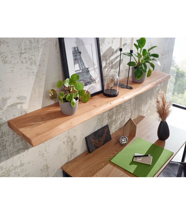 Wohnling Wandplank 160 cm Acacia Massief Hout met Boomrand Hangplank Modern | Muurplank Hangende Plank | Plank voor de Wand Zwevend