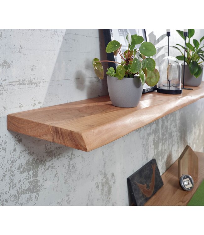 Wohnling Wandplank 160 cm Acacia Massief Hout met Boomrand Hangplank Modern | Muurplank Hangende Plank | Plank voor de Wand Zwevend