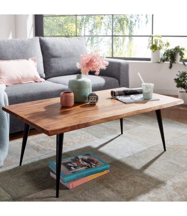 Wohnling Koffietafel Massief Sheesham-Hout en Metaal 110x60x40 cm Salontafel Bruin | Vierkante Tafel Woonkamer Moderne met Boomrand | Lage Bijzettafel Woonkamertafel