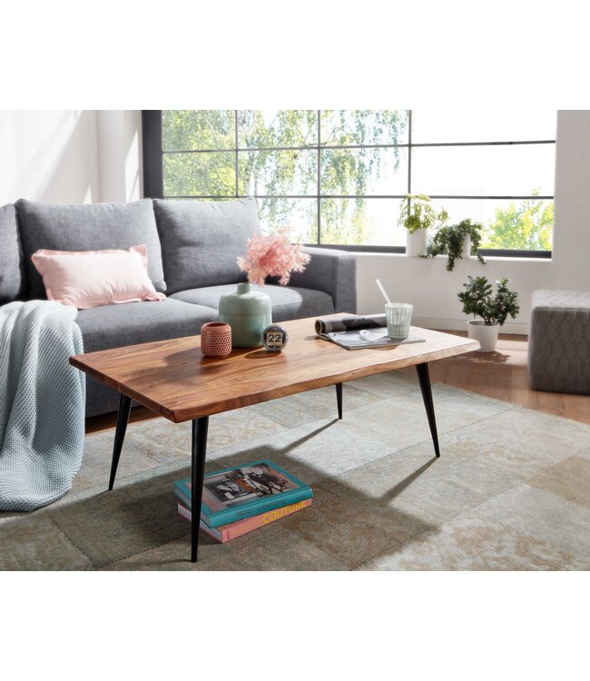 Wohnling Koffietafel Massief Sheesham-Hout en Metaal 110x60x40 cm Salontafel Bruin | Vierkante Tafel Woonkamer Moderne met Boomrand | Lage Bijzettafel Woonkamertafel