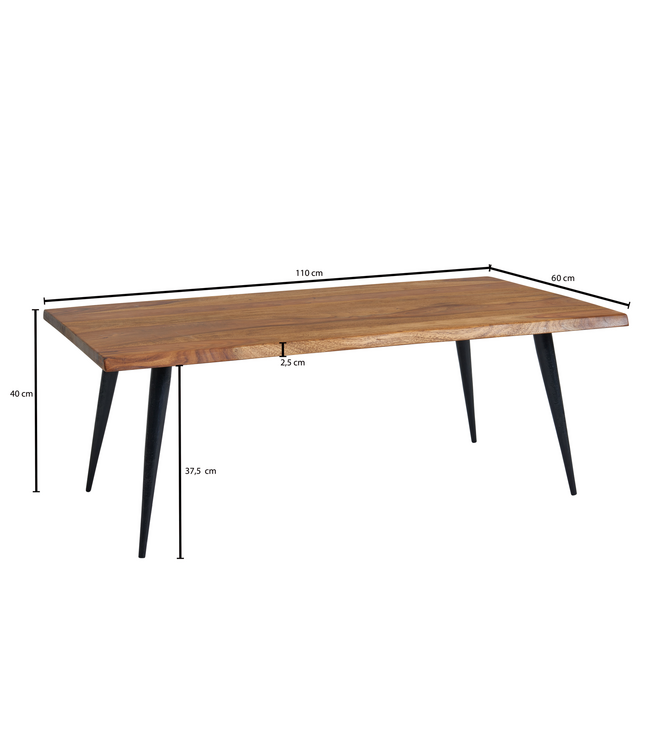 Wohnling Koffietafel Massief Sheesham-Hout en Metaal 110x60x40 cm Salontafel Bruin | Vierkante Tafel Woonkamer Moderne met Boomrand | Lage Bijzettafel Woonkamertafel