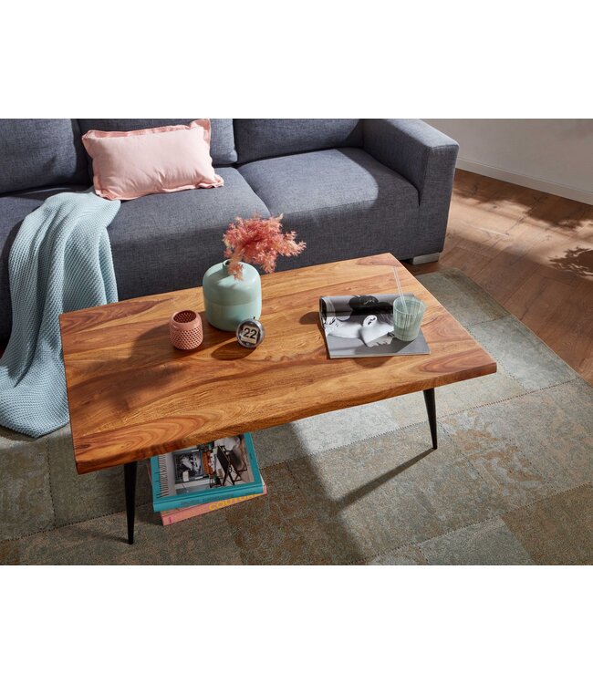 Wohnling Koffietafel Massief Sheesham-Hout en Metaal 110x60x40 cm Salontafel Bruin | Vierkante Tafel Woonkamer Moderne met Boomrand | Lage Bijzettafel Woonkamertafel