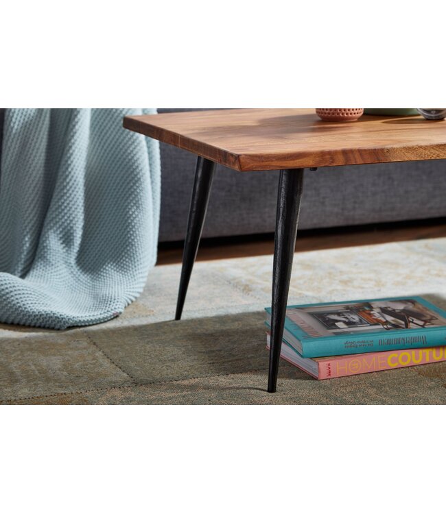 Wohnling Koffietafel Massief Sheesham-Hout en Metaal 110x60x40 cm Salontafel Bruin | Vierkante Tafel Woonkamer Moderne met Boomrand | Lage Bijzettafel Woonkamertafel