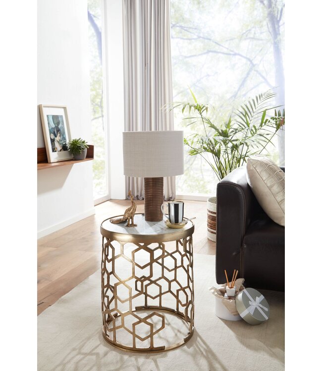 Wohnling Bijzettafel Echt Marmer en Metaal 46x46x55 cm Salontafel Wit Goud | Ronde Dienblad Tafel Woonkamer Moderne | Koffietafel Woonkamertafel Hoog