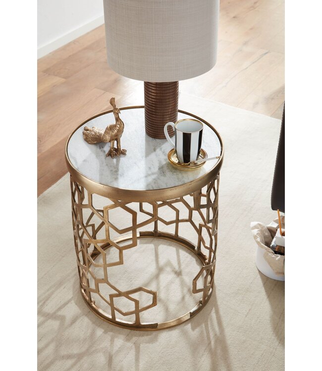 Wohnling Bijzettafel Echt Marmer en Metaal 46x46x55 cm Salontafel Wit Goud | Ronde Dienblad Tafel Woonkamer Moderne | Koffietafel Woonkamertafel Hoog