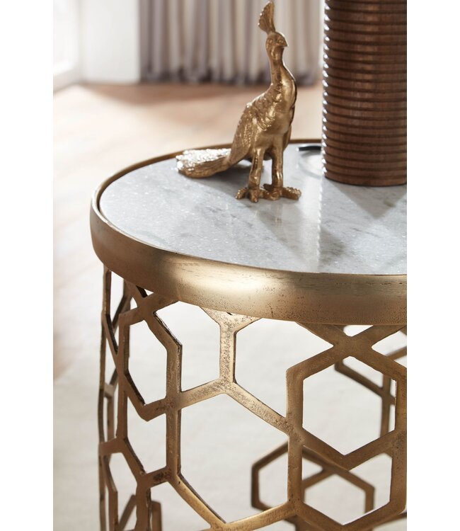 Wohnling Bijzettafel Echt Marmer en Metaal 46x46x55 cm Salontafel Wit Goud | Ronde Dienblad Tafel Woonkamer Moderne | Koffietafel Woonkamertafel Hoog