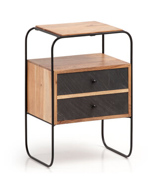 Wohnling nachtkastje massief acaciahout/steenlook 40x60x30 cm nachtkastje boxspringbed | Industriële nachtconsole bruin met 2 lades & opbergruimte | Opbergruimte voor nachtkastje en metalen frame