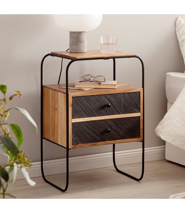 Wohnling nachtkastje massief acaciahout/steenlook 40x60x30 cm nachtkastje boxspringbed | Industriële nachtconsole bruin met 2 lades & opbergruimte | Opbergruimte voor nachtkastje en metalen frame