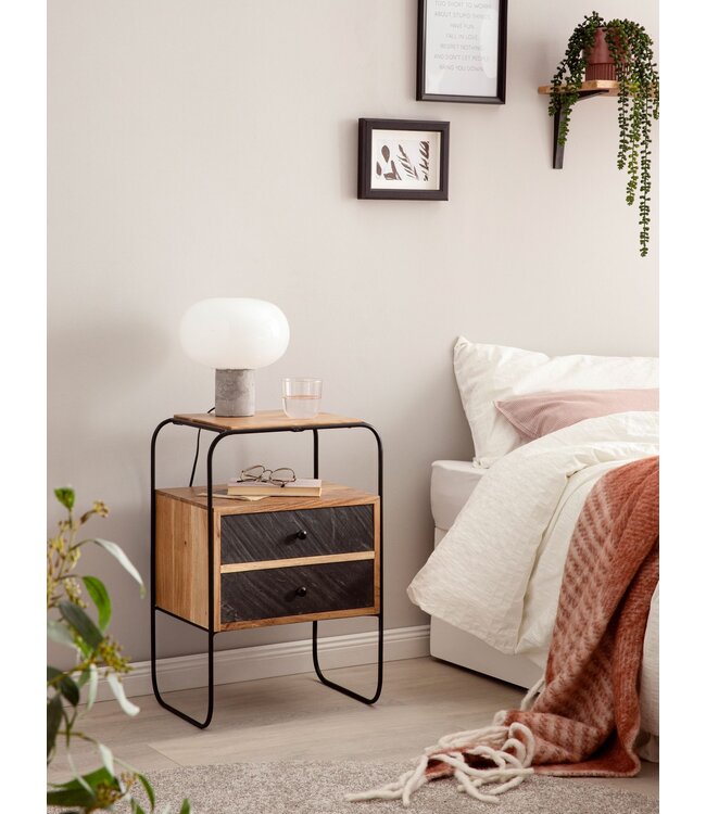 Wohnling nachtkastje massief acaciahout/steenlook 40x60x30 cm nachtkastje boxspringbed | Industriële nachtconsole bruin met 2 lades & opbergruimte | Opbergruimte voor nachtkastje en metalen frame