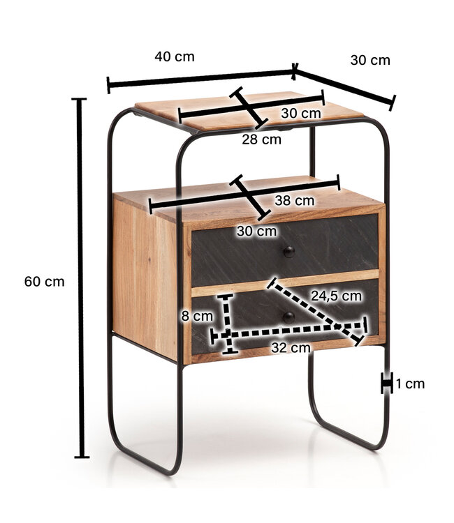 Wohnling nachtkastje massief acaciahout/steenlook 40x60x30 cm nachtkastje boxspringbed | Industriële nachtconsole bruin met 2 lades & opbergruimte | Opbergruimte voor nachtkastje en metalen frame