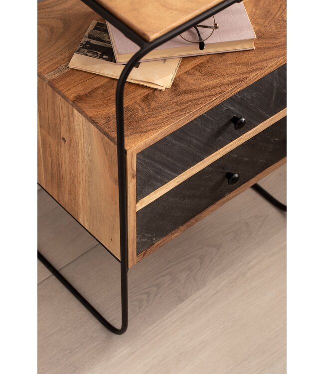Wohnling nachtkastje massief acaciahout/steenlook 40x60x30 cm nachtkastje boxspringbed | Industriële nachtconsole bruin met 2 lades & opbergruimte | Opbergruimte voor nachtkastje en metalen frame