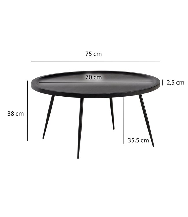 Wohnling salontafel 75x75x38 cm mango massief hout metaal zwart banktafel rond, design woonkamertafel met natuurlijke houtnerf, salontafel woonkamer tijdloos