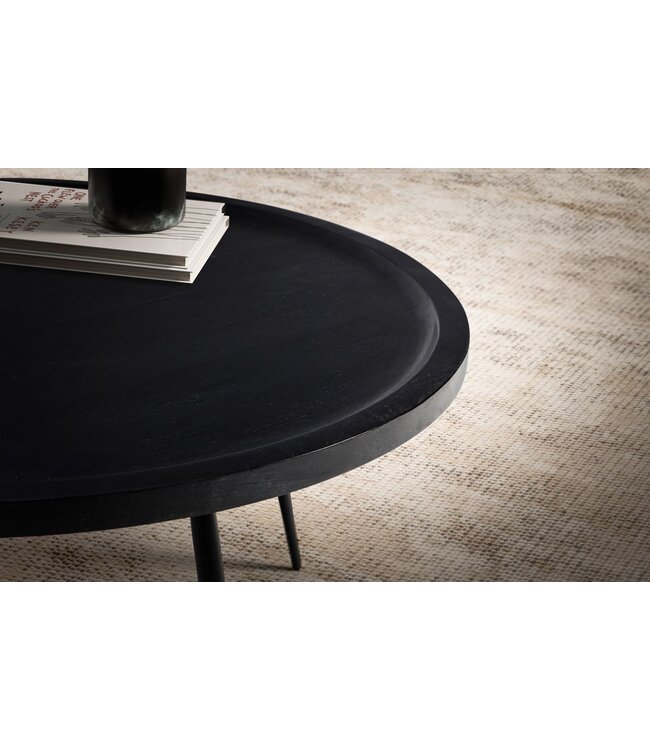 Wohnling salontafel 75x75x38 cm mango massief hout metaal zwart banktafel rond, design woonkamertafel met natuurlijke houtnerf, salontafel woonkamer tijdloos
